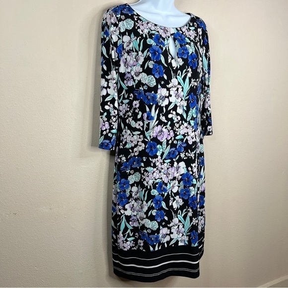 Medium Liz Claiborne Blue Floral Stretch Midi Lined Event Party Cocktail - Picture 3 of 11